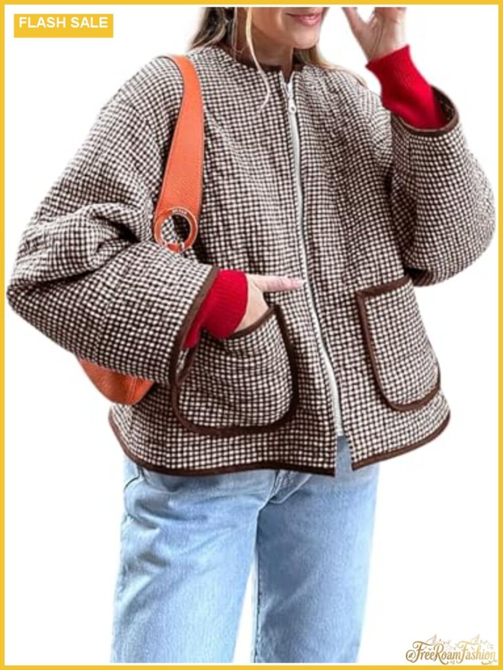 Women's Quilted Lightweight Puffer Jacket Plaid Cropped Zip Winter Coat